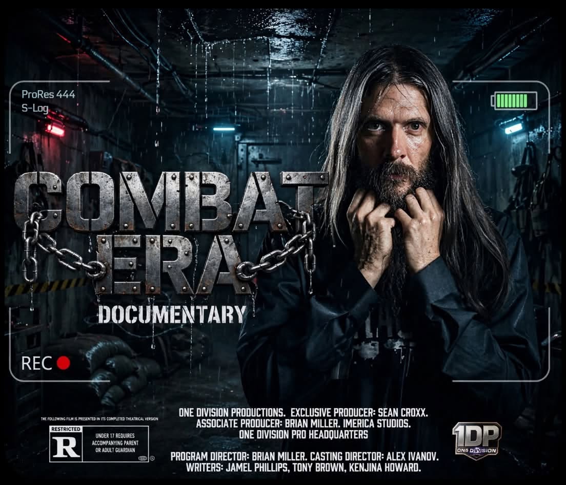 1DP: COMBAT ERA documentary poster featuring a long-haired figure in a dark industrial setting