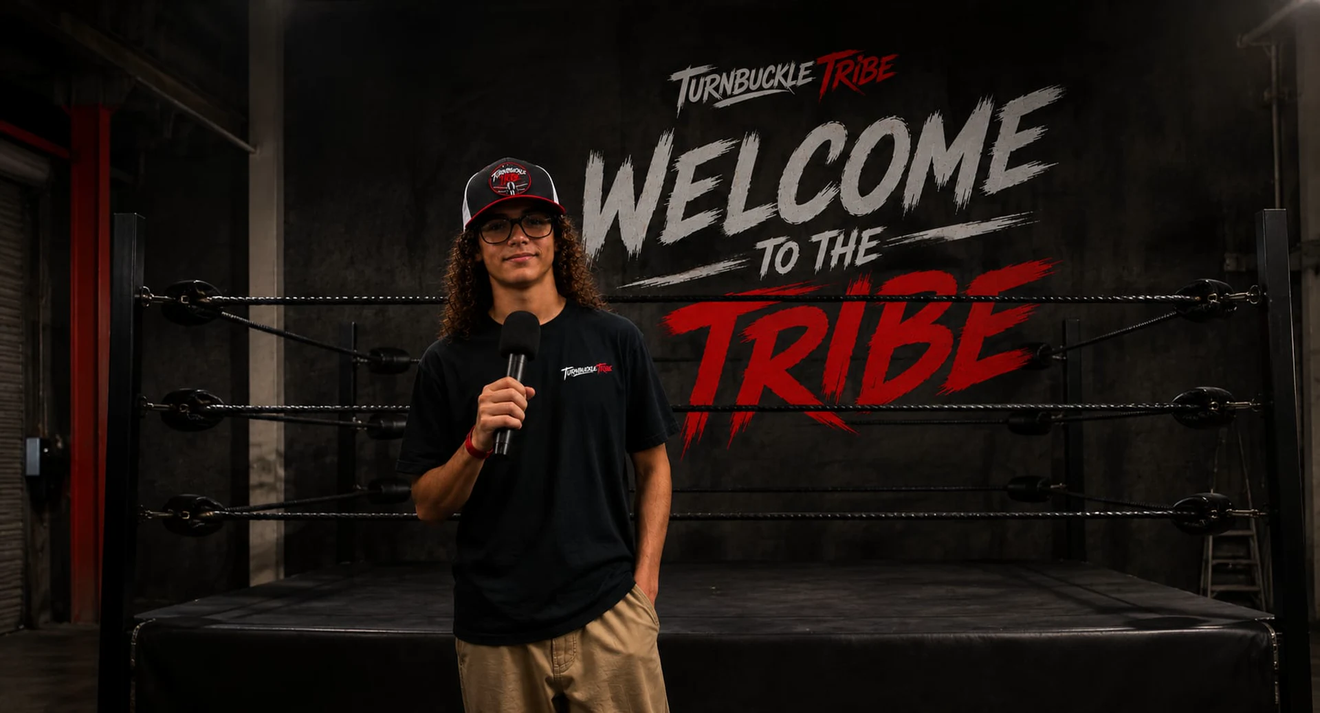 Trystan standing in a wrestling ring with a microphone beside the words Welcome to the Tribe